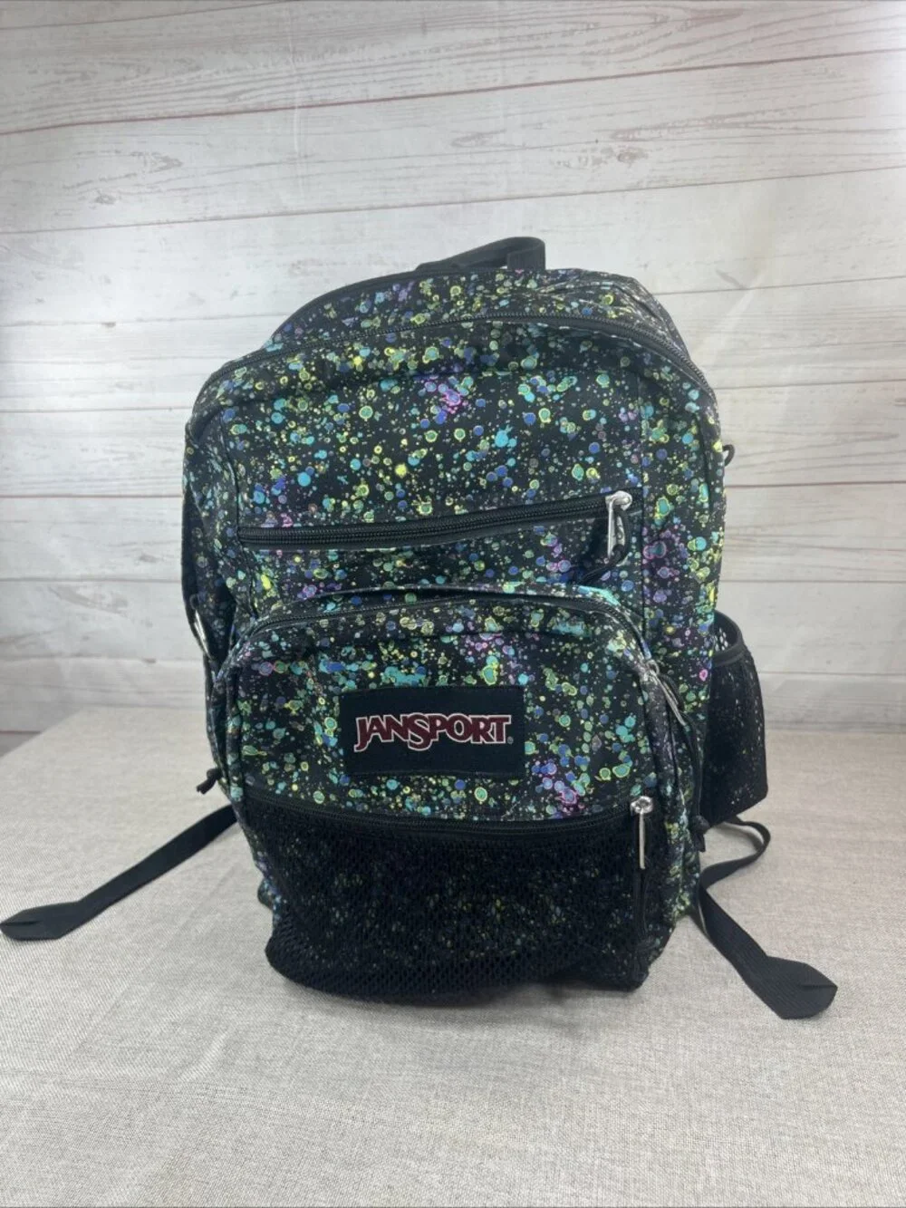 JANSPORT BACKPACK Black with BUBBLE COLORS 5 ZIPPER POUCHES 17” With mesh